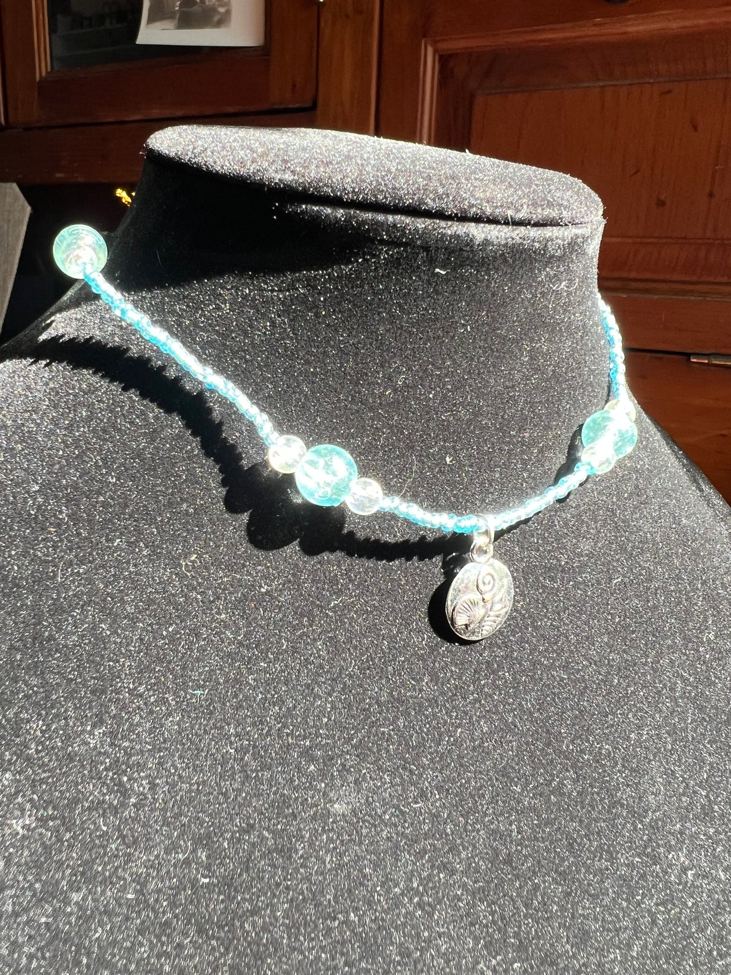 Blue Beaded Choker with Seashell Charm