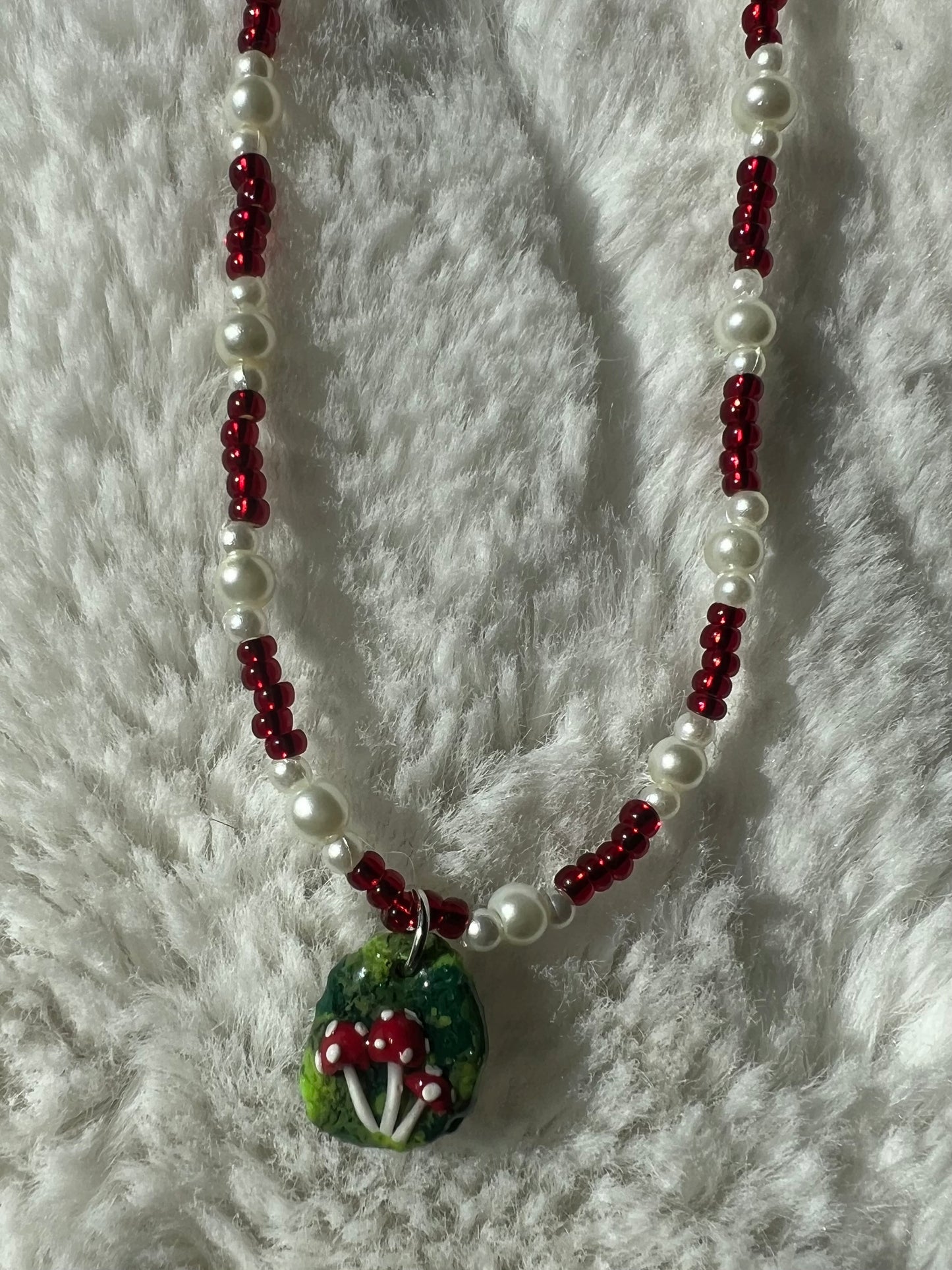 Clay Pendent Beaded Mushroom Necklace