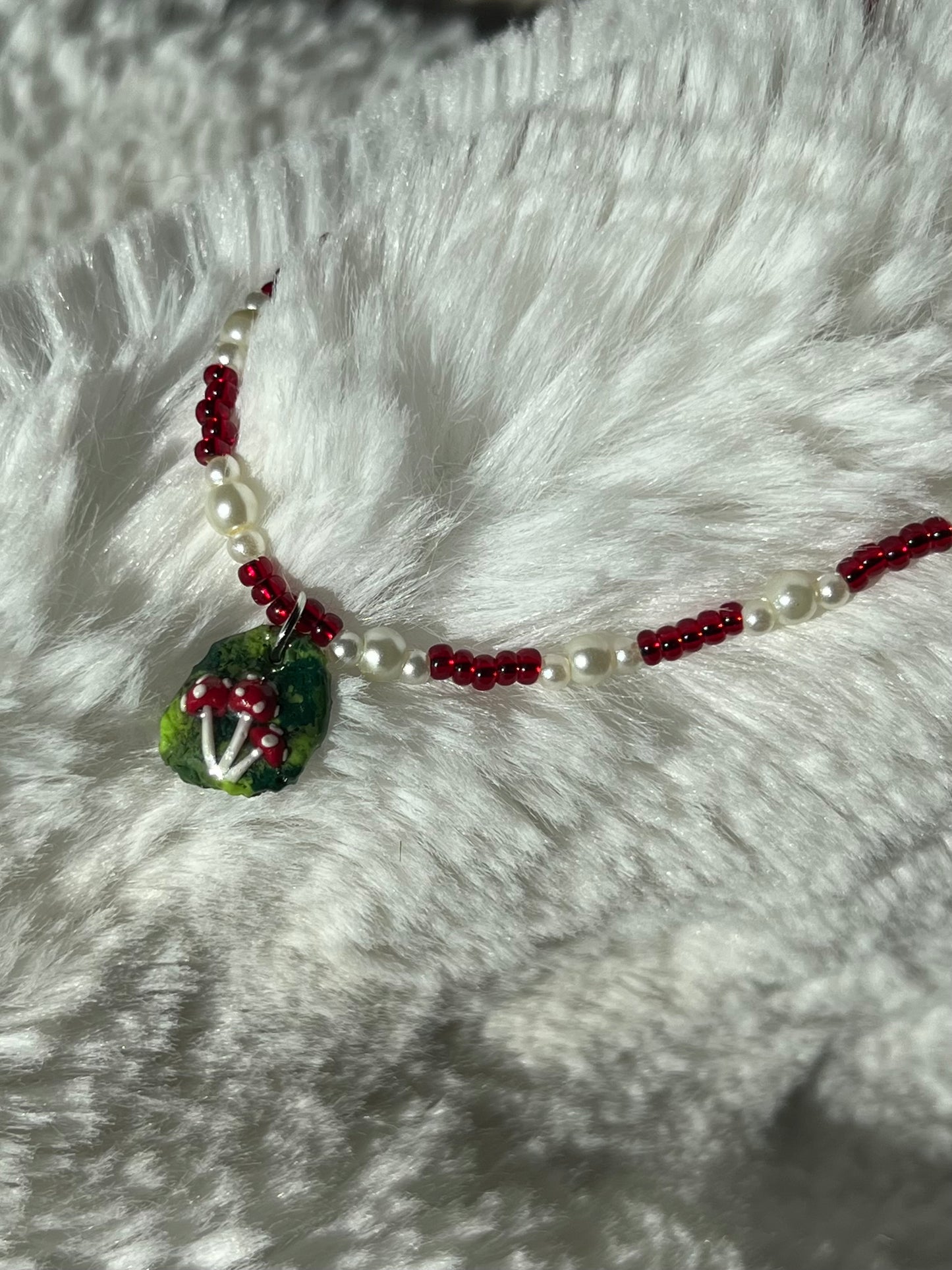 Clay Pendent Beaded Mushroom Necklace