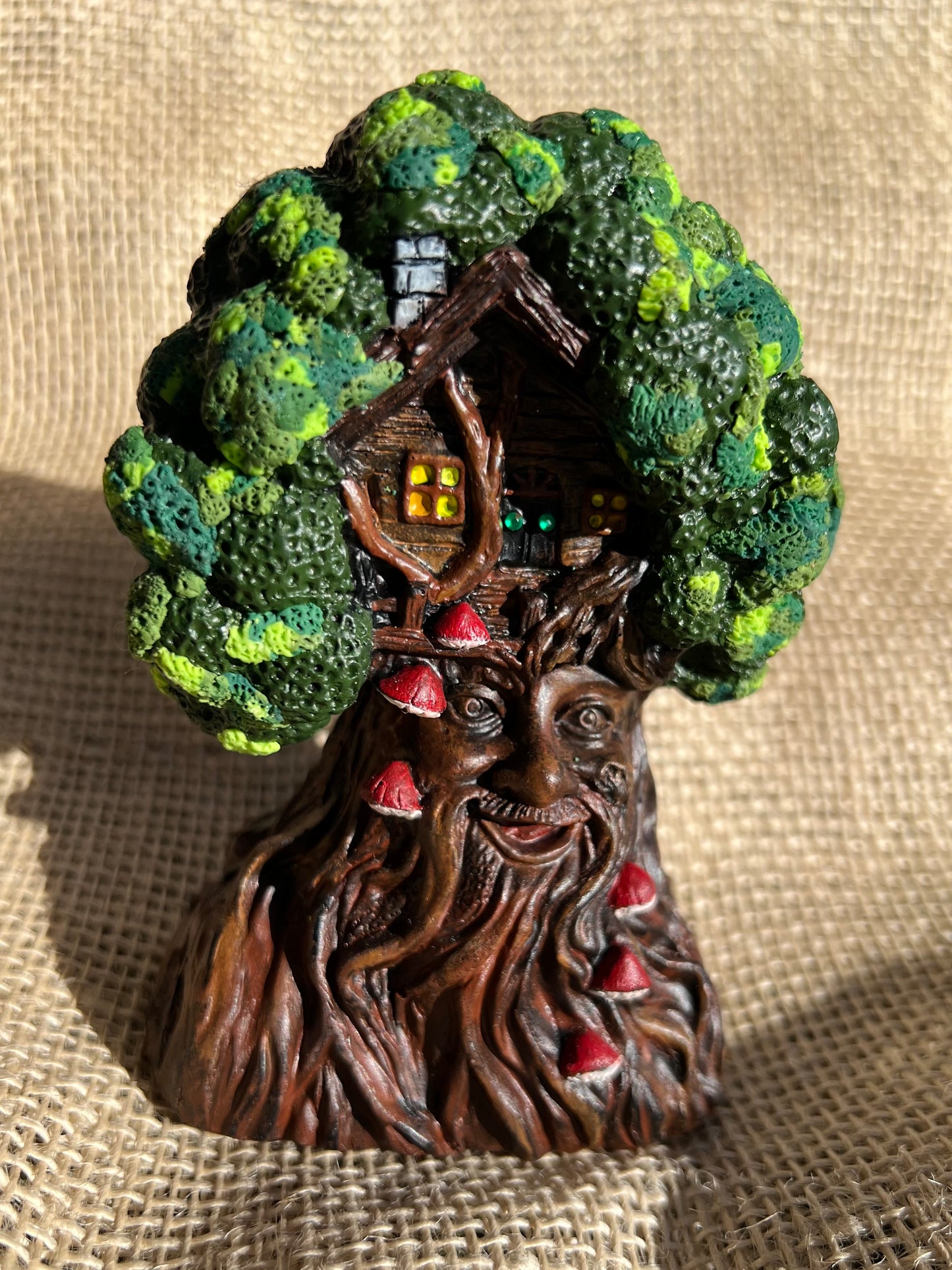 Whimsical Treehouse Man Figurine with Mushrooms