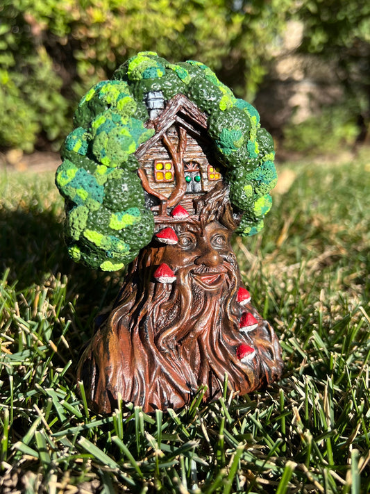 Whimsical Treehouse Man Figurine with Mushrooms