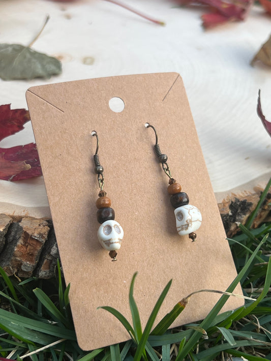 Brown and White Skull Earrings