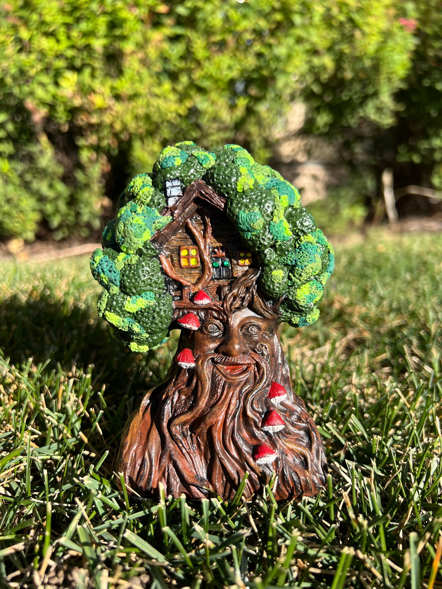 Whimsical Treehouse Man Figurine with Mushrooms