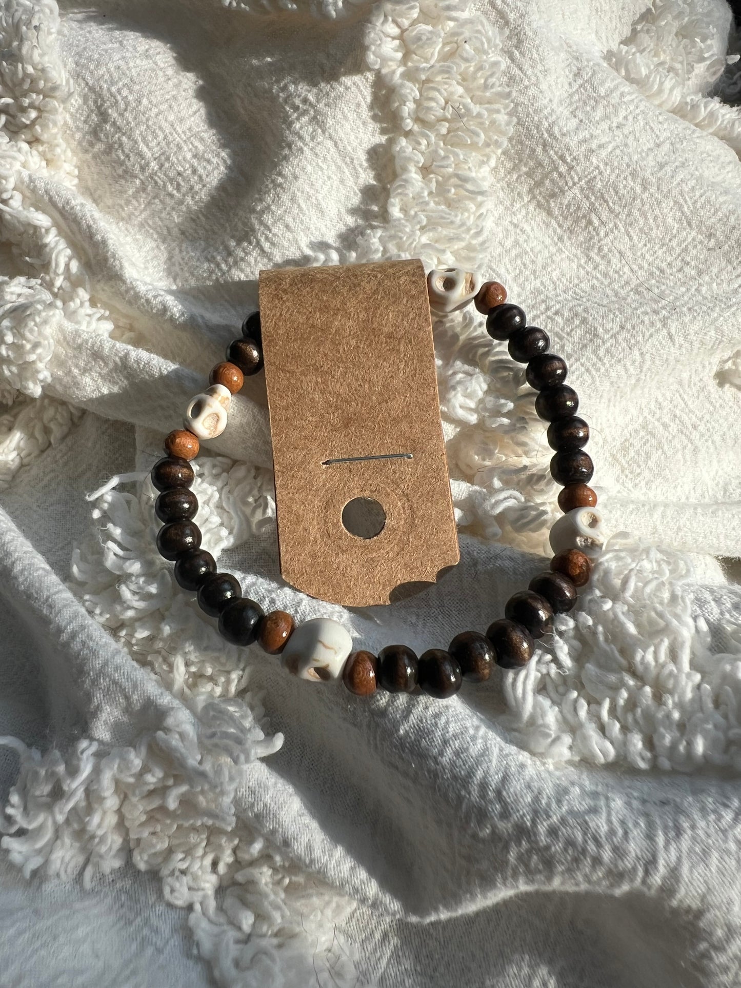 Skull & Wood Beaded Bracelet with Light Brown Accents