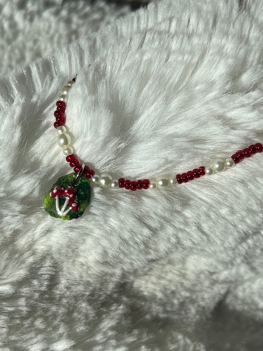 Clay Pendent Beaded Mushroom Necklace
